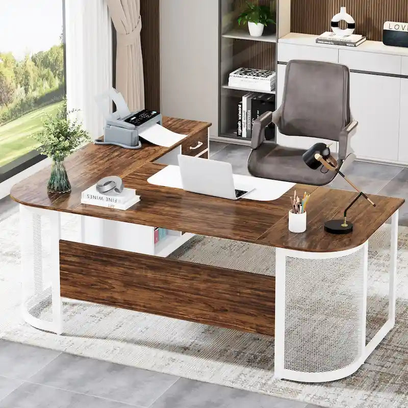 63" L-Shaped Executive Desk with Side File Cabinet & Privacy Panel