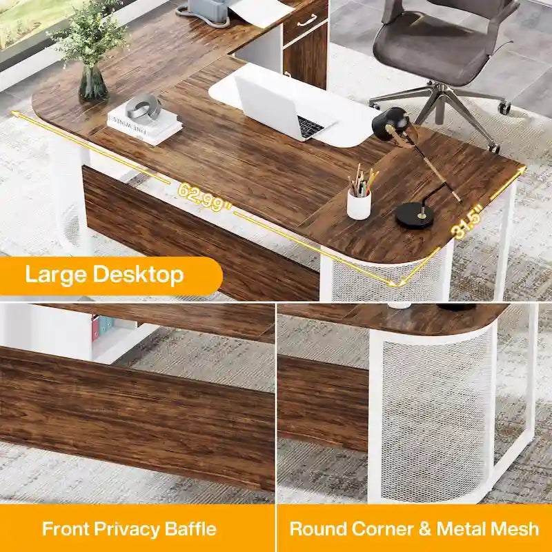 63" L-Shaped Executive Desk with Side File Cabinet & Privacy Panel