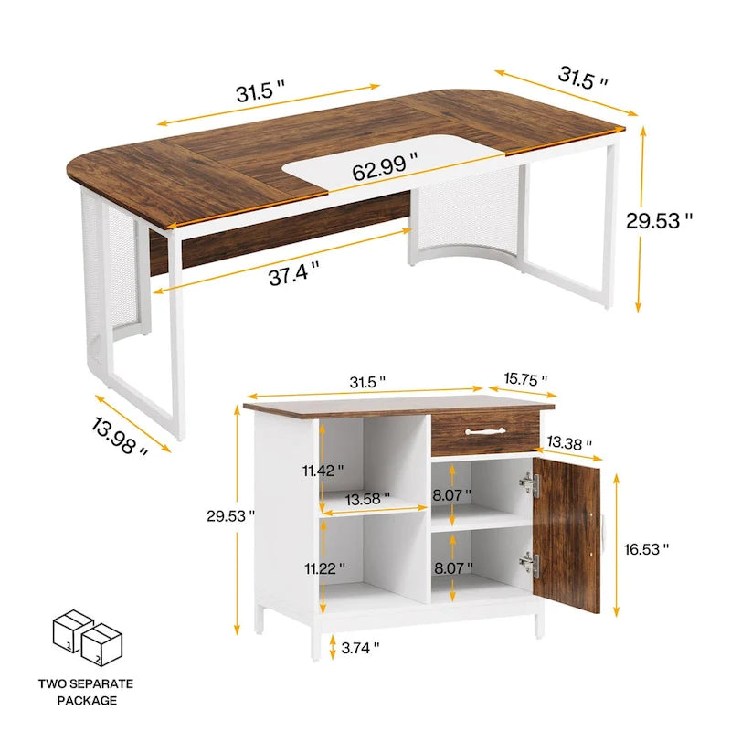 63" L-Shaped Executive Desk with Side File Cabinet & Privacy Panel