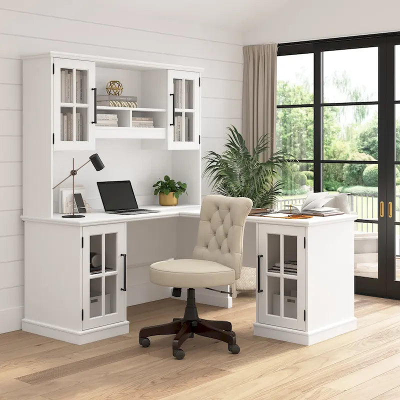 L-Shaped Computer Desk with Hutch, Glass Door Storage Cabinets & Wire Management
