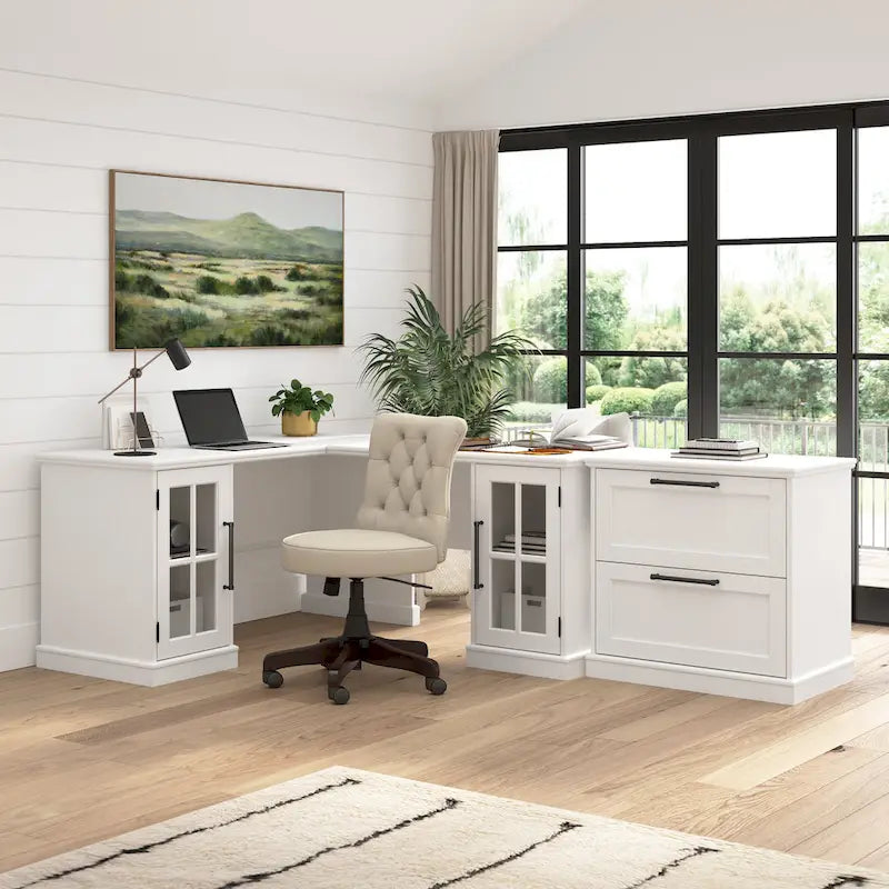 L-Shaped Computer Desk with Hutch, Glass Door Storage Cabinets & Wire Management