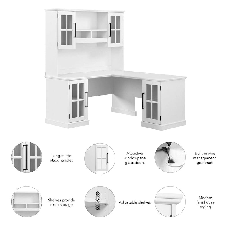 L-Shaped Computer Desk with Hutch, Glass Door Storage Cabinets & Wire Management