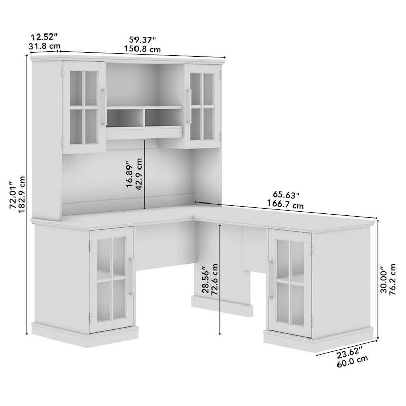 L-Shaped Computer Desk with Hutch, Glass Door Storage Cabinets & Wire Management