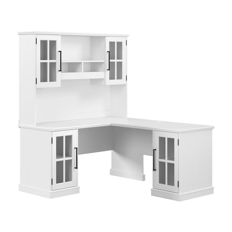 L-Shaped Computer Desk with Hutch, Glass Door Storage Cabinets & Wire Management