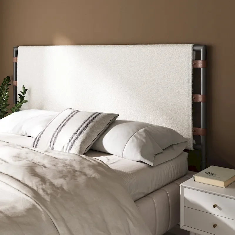 Bohemian Upholstered Headboard with Sling Panels & Matte Metal Frame