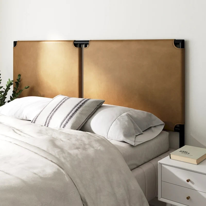Bohemian Upholstered Headboard with Sling Panels & Matte Metal Frame