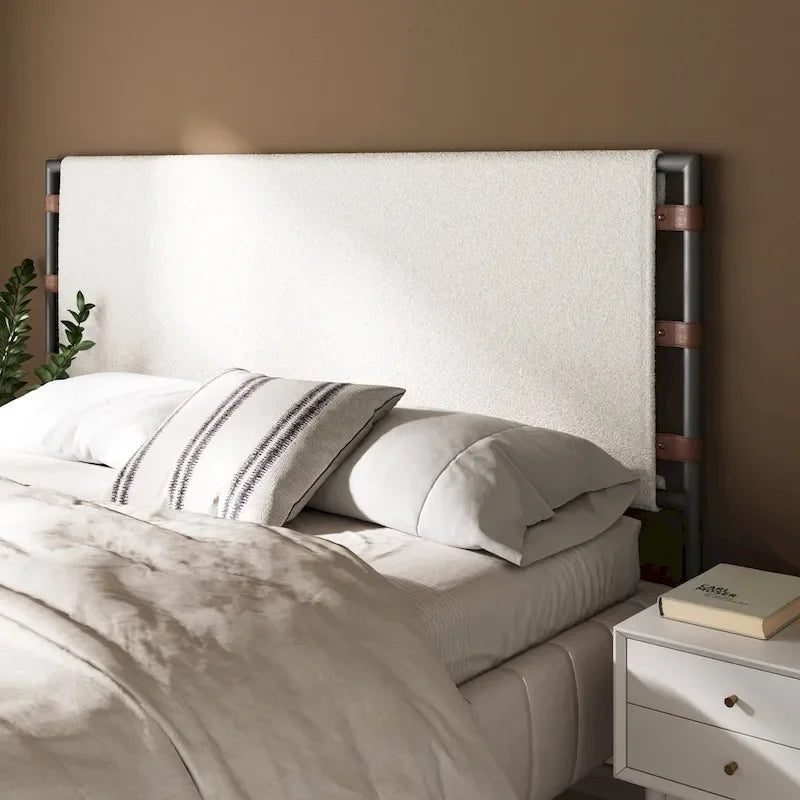Bohemian Upholstered Headboard with Sling Panels & Matte Metal Frame