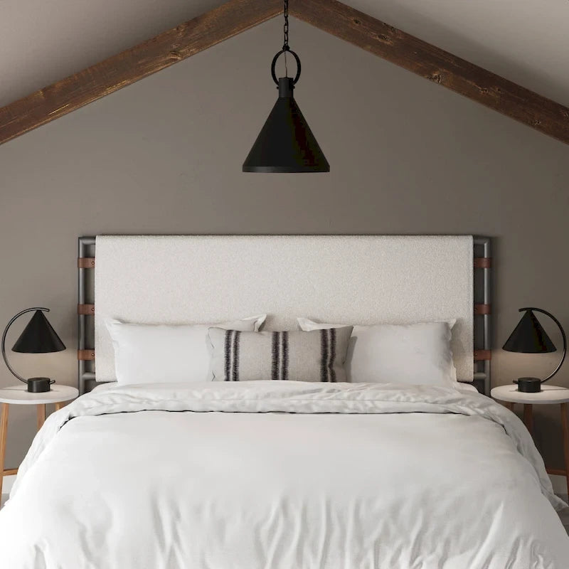 Bohemian Upholstered Headboard with Sling Panels & Matte Metal Frame