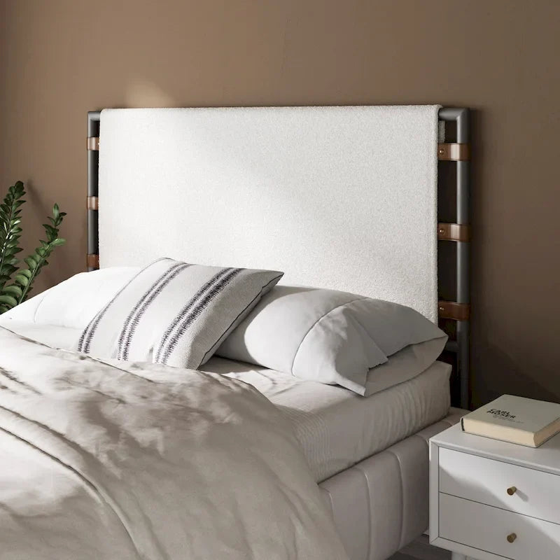 Bohemian Upholstered Headboard with Sling Panels & Matte Metal Frame