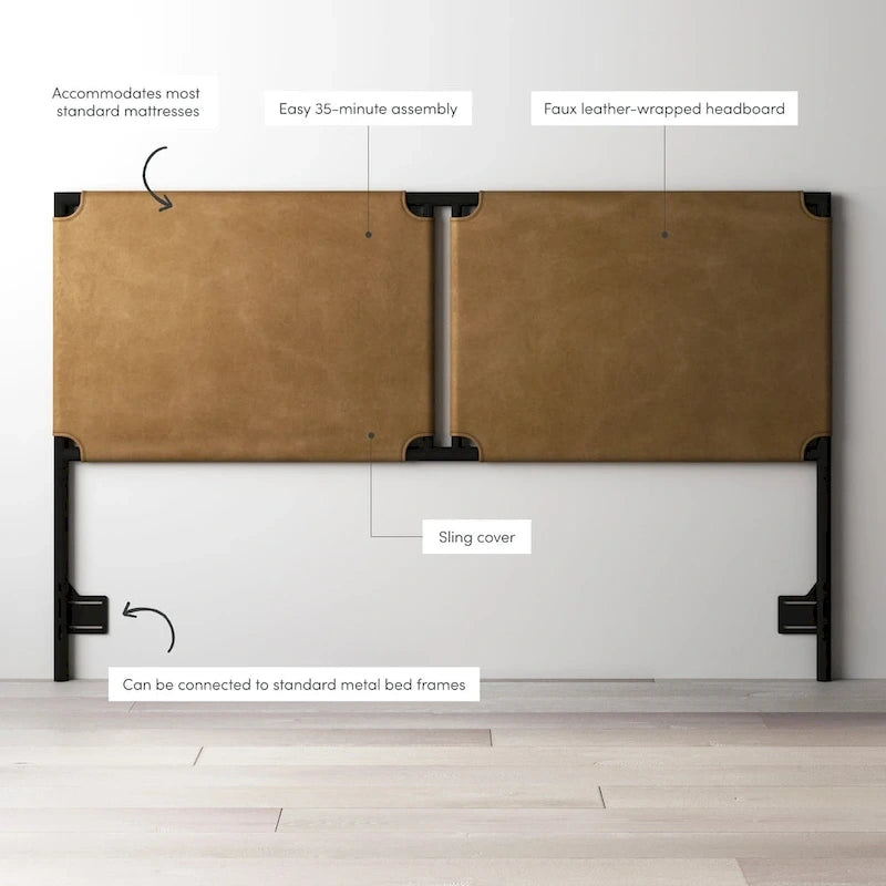 Bohemian Upholstered Headboard with Sling Panels & Matte Metal Frame