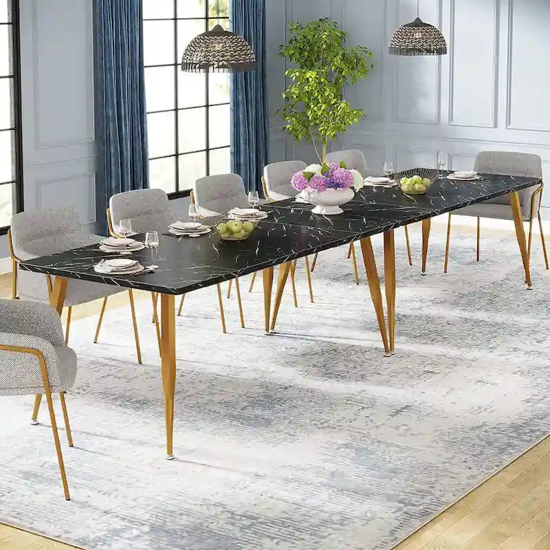 Large Rectangular Dining Table for 6–8, Faux Wood Top with Metal Legs