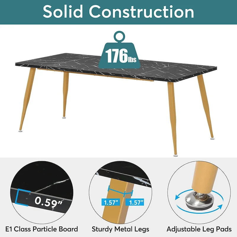 Large Rectangular Dining Table for 6–8, Faux Wood Top with Metal Legs