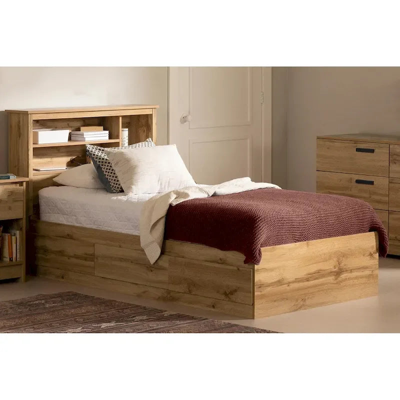 Scandinavian-Style Bookcase Headboard with Open Storage & Cable Grommet, Twin