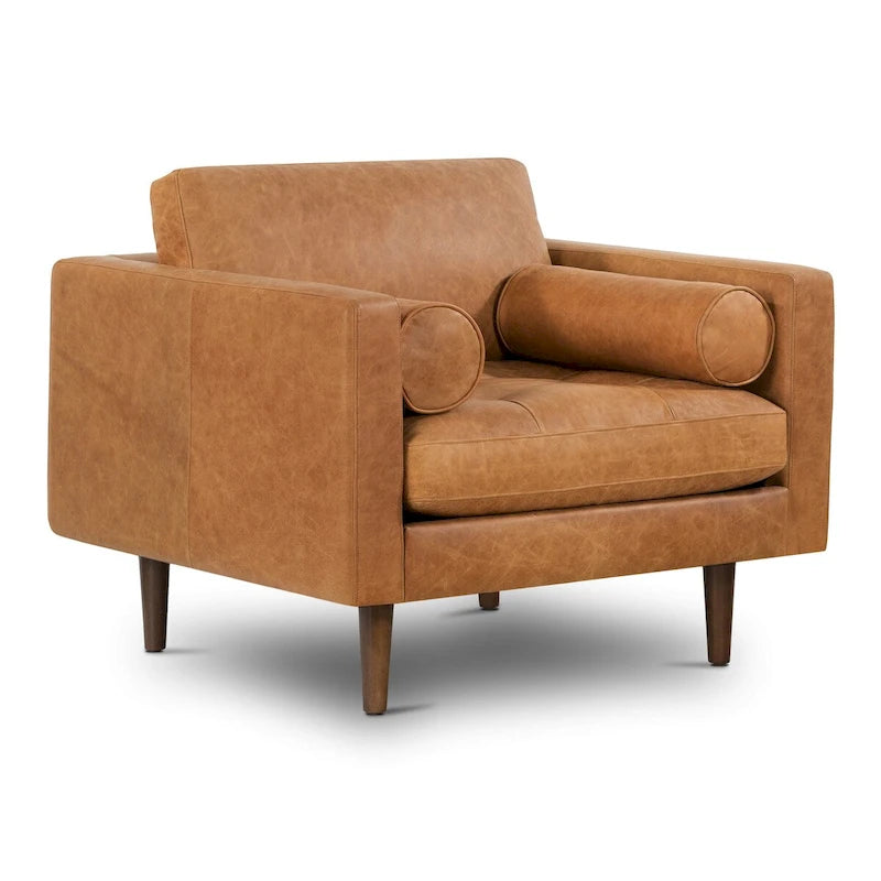 Full-Grain Italian Leather Lounge Chair with Feather Down Cushions & Walnut Legs
