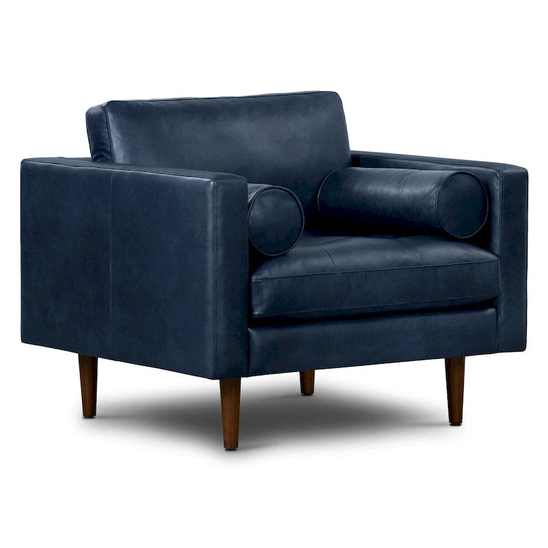 Full-Grain Italian Leather Lounge Chair with Feather Down Cushions & Walnut Legs