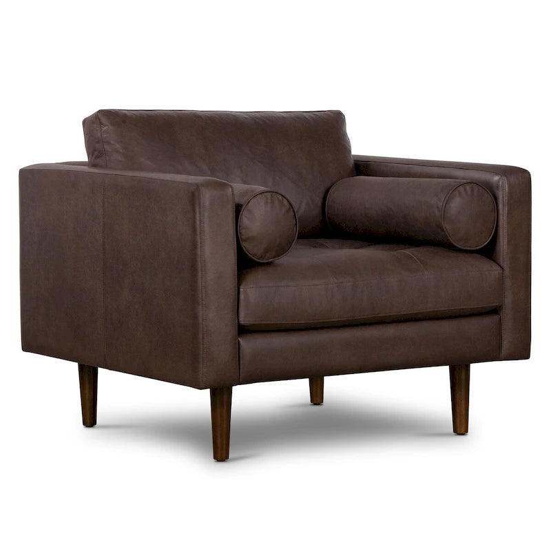 Full-Grain Italian Leather Lounge Chair with Feather Down Cushions & Walnut Legs