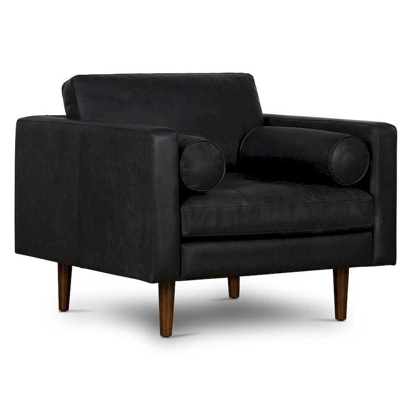 Full-Grain Italian Leather Lounge Chair with Feather Down Cushions & Walnut Legs