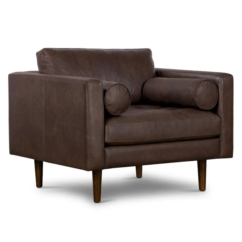 Full-Grain Italian Leather Lounge Chair with Feather Down Cushions & Walnut Legs