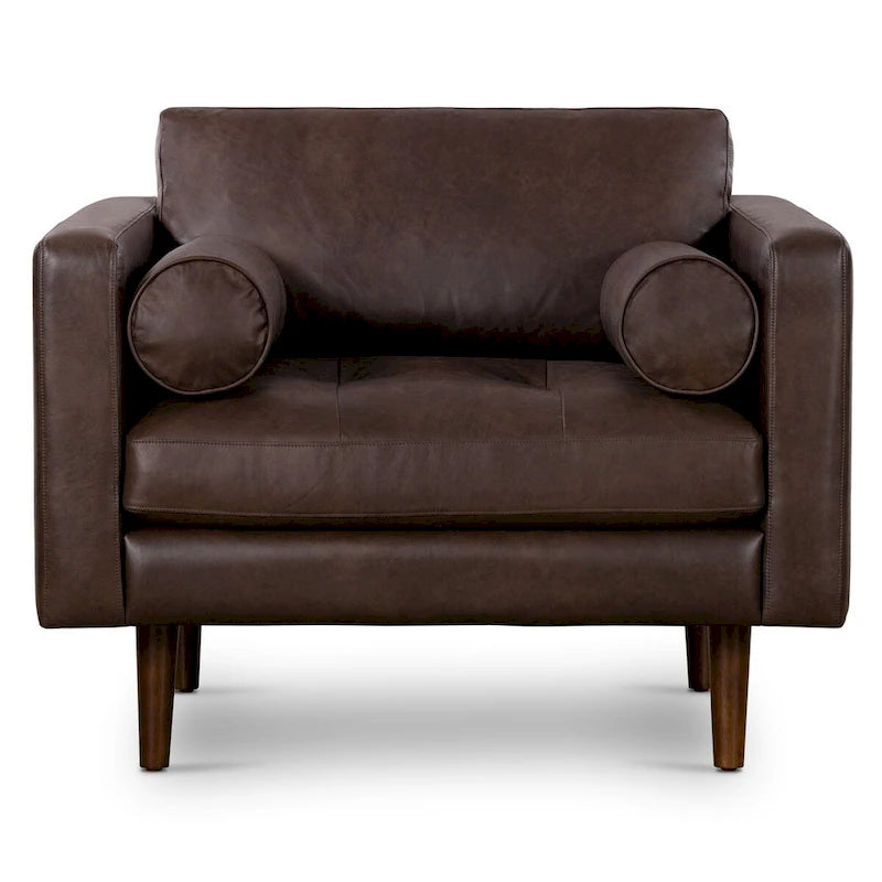 Full-Grain Italian Leather Lounge Chair with Feather Down Cushions & Walnut Legs