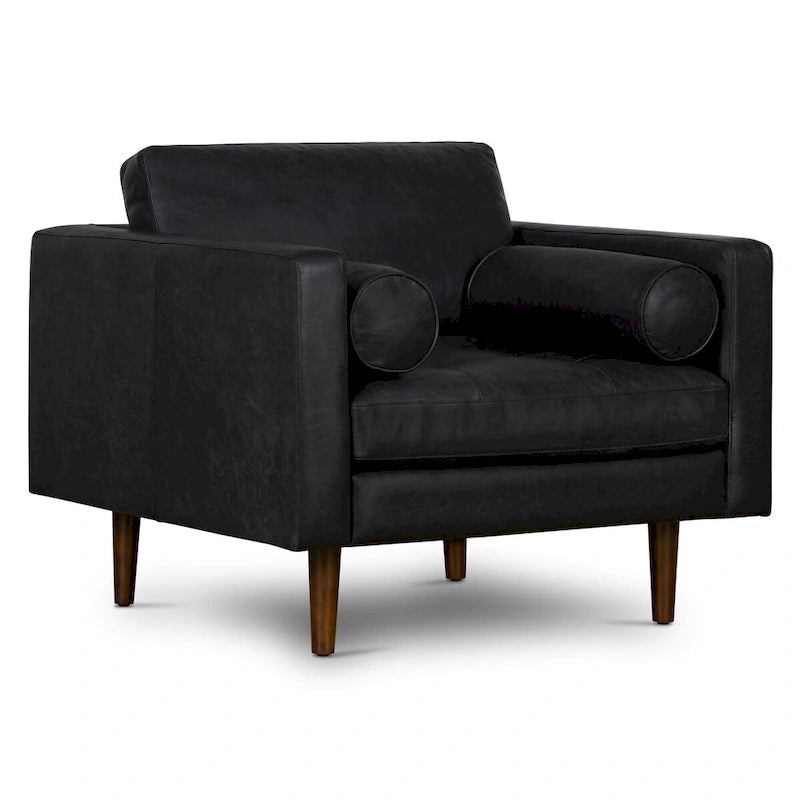Full-Grain Italian Leather Lounge Chair with Feather Down Cushions & Walnut Legs