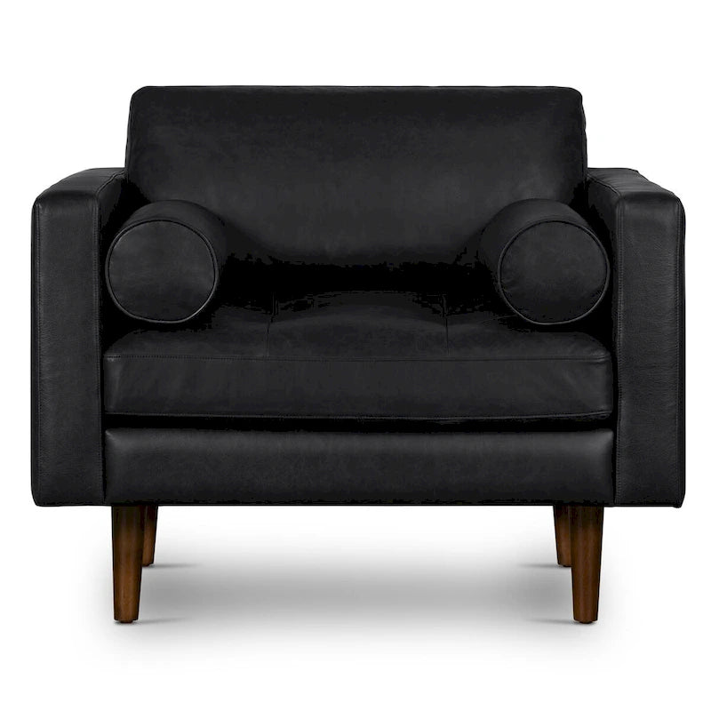 Full-Grain Italian Leather Lounge Chair with Feather Down Cushions & Walnut Legs