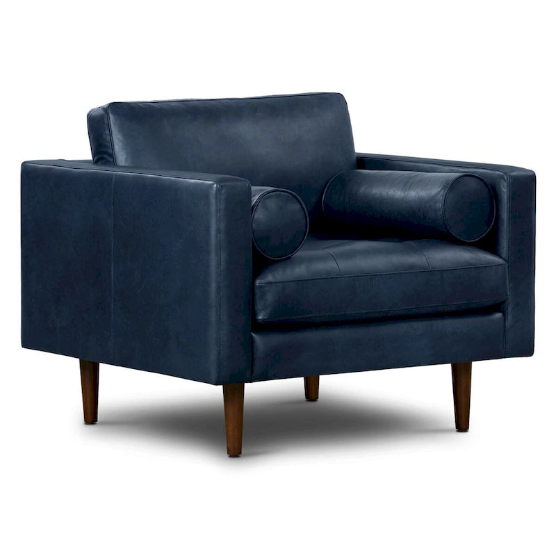 Full-Grain Italian Leather Lounge Chair with Feather Down Cushions & Walnut Legs