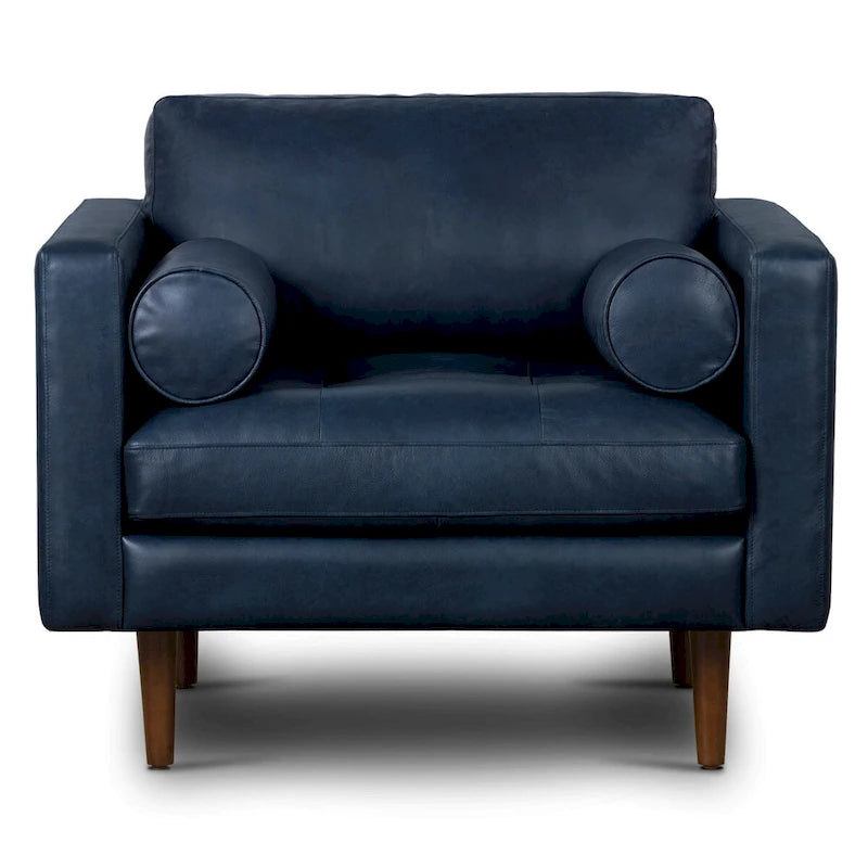 Full-Grain Italian Leather Lounge Chair with Feather Down Cushions & Walnut Legs