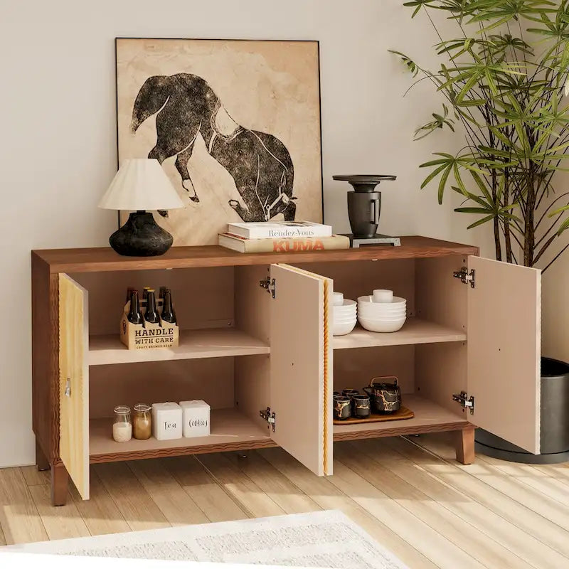Carved Panel Sideboard Cabinet with Adjustable Shelves & Solid Wood Legs