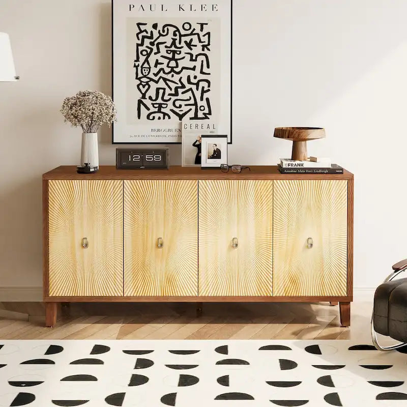 Carved Panel Sideboard Cabinet with Adjustable Shelves & Solid Wood Legs
