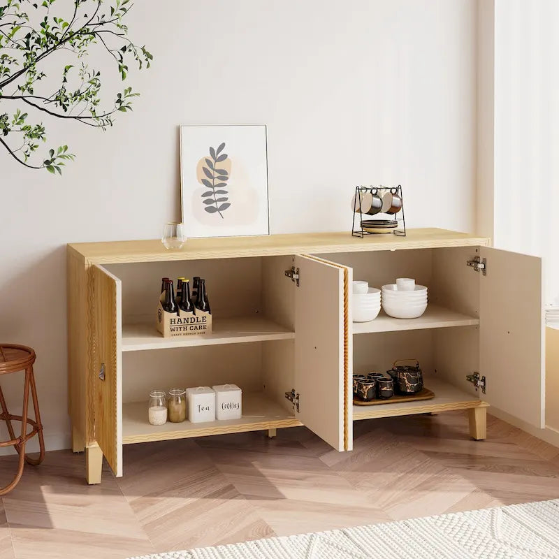 Carved Panel Sideboard Cabinet with Adjustable Shelves & Solid Wood Legs