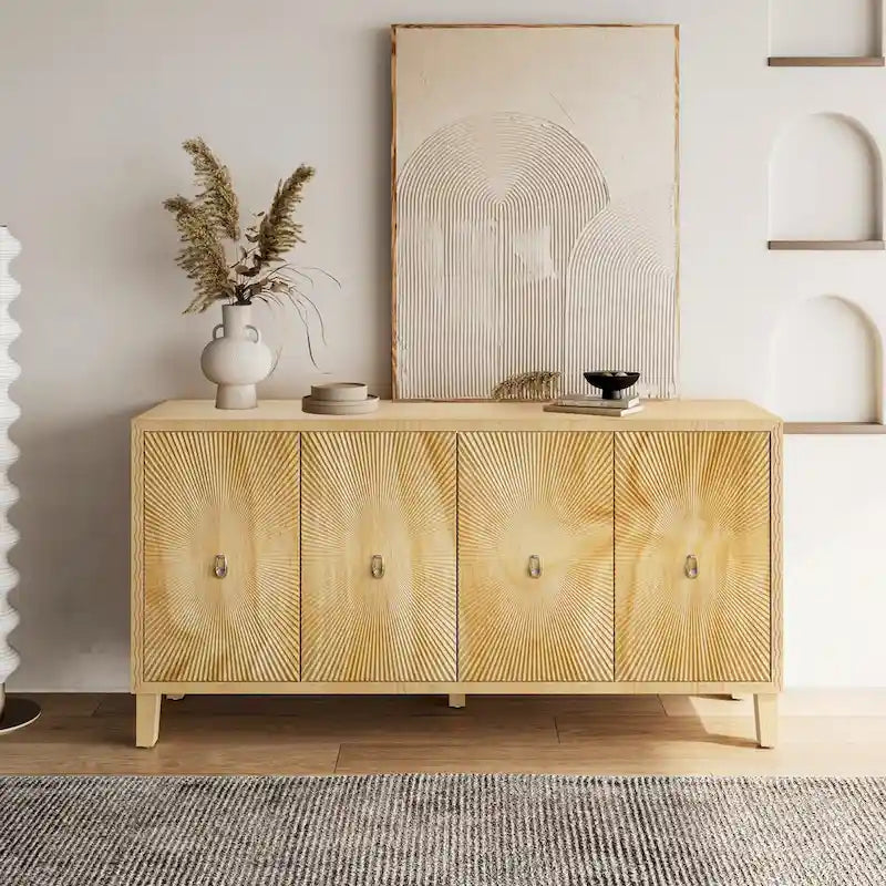 Carved Panel Sideboard Cabinet with Adjustable Shelves & Solid Wood Legs