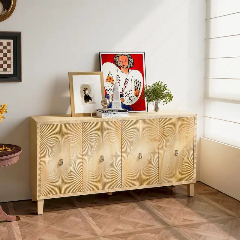 Carved Panel Sideboard Cabinet with Adjustable Shelves & Solid Wood Legs