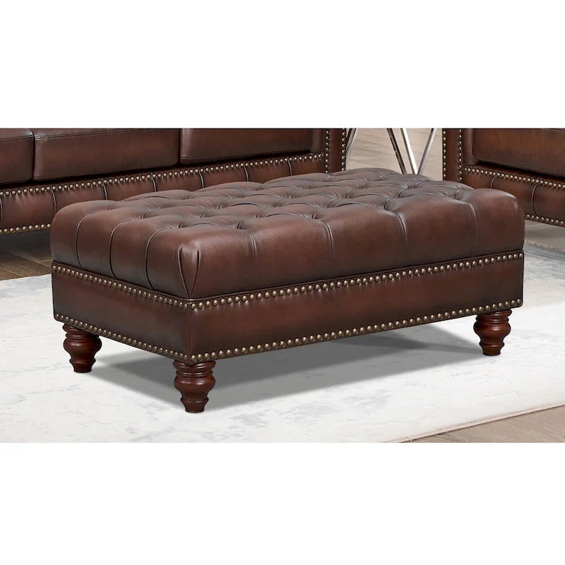 Top Grain Leather Ottoman with Diamond Tufting & Bronze Nailhead Trim