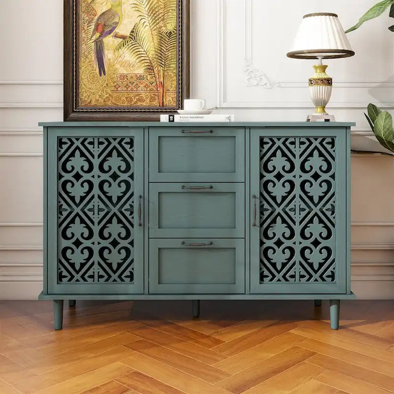 2-Door 3-Drawer Storage Cabinet with Carved Panel & Solid Wood Legs