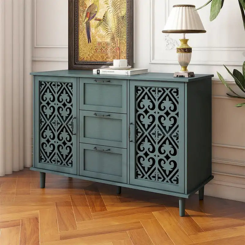 2-Door 3-Drawer Storage Cabinet with Carved Panel & Solid Wood Legs