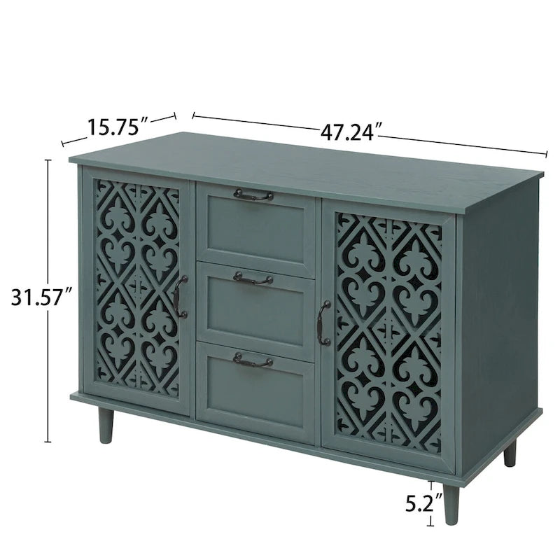 2-Door 3-Drawer Storage Cabinet with Carved Panel & Solid Wood Legs