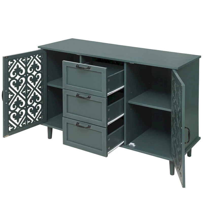 2-Door 3-Drawer Storage Cabinet with Carved Panel & Solid Wood Legs