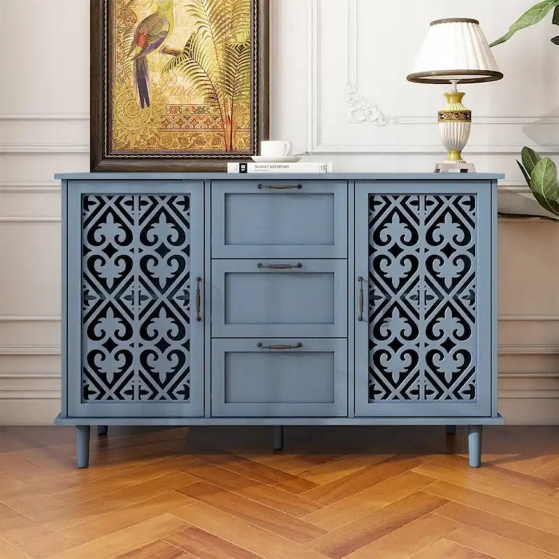 2-Door 3-Drawer Storage Cabinet with Carved Panel & Solid Wood Legs