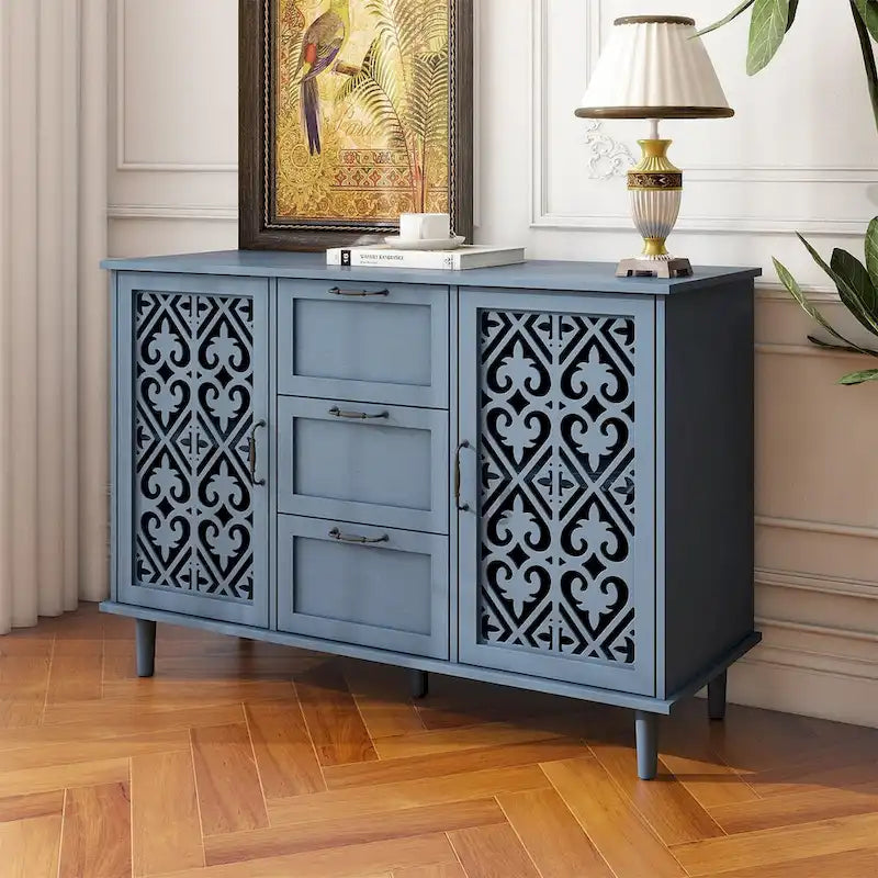 2-Door 3-Drawer Storage Cabinet with Carved Panel & Solid Wood Legs