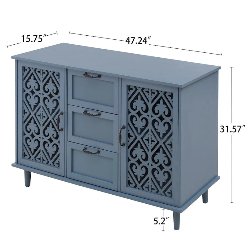 2-Door 3-Drawer Storage Cabinet with Carved Panel & Solid Wood Legs