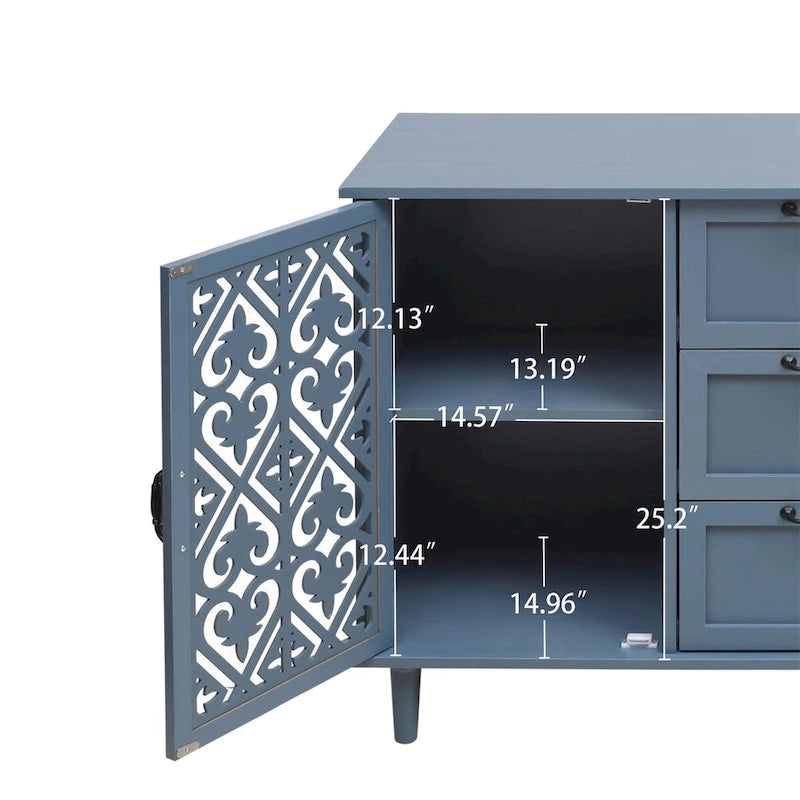 2-Door 3-Drawer Storage Cabinet with Carved Panel & Solid Wood Legs