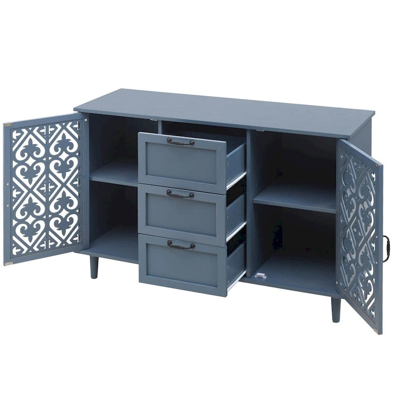 2-Door 3-Drawer Storage Cabinet with Carved Panel & Solid Wood Legs