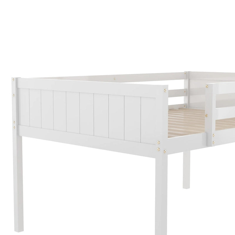 Full Size Low Loft Bed with Convertible Ladder & Full-Length Guard Rails, Pine Wood