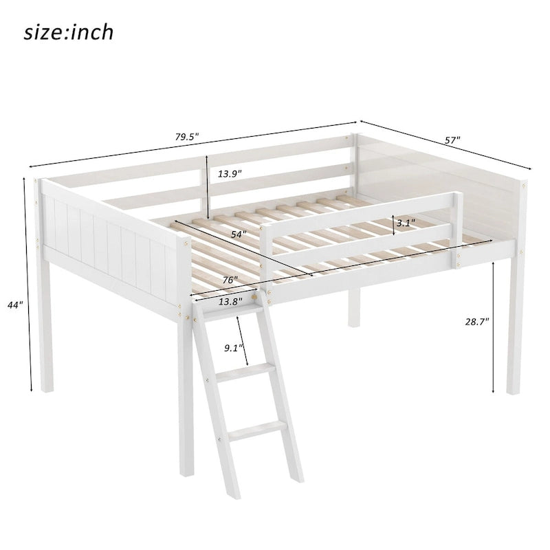 Full Size Low Loft Bed with Convertible Ladder & Full-Length Guard Rails, Pine Wood