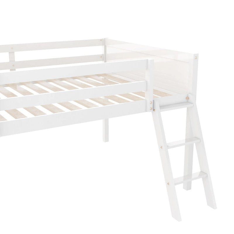 Full Size Low Loft Bed with Convertible Ladder & Full-Length Guard Rails, Pine Wood