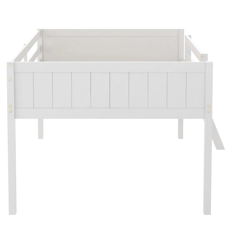Full Size Low Loft Bed with Convertible Ladder & Full-Length Guard Rails, Pine Wood