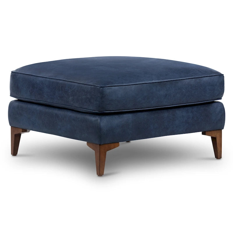 Full-Grain Italian Leather Ottoman with Feather Down Topper & Walnut Legs