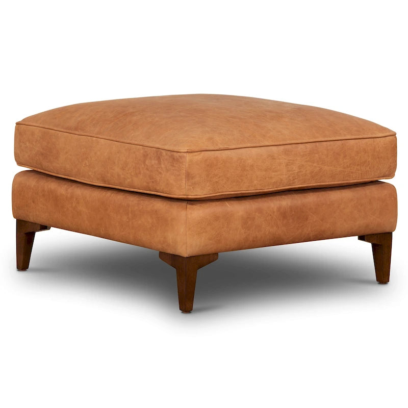Full-Grain Italian Leather Ottoman with Feather Down Topper & Walnut Legs