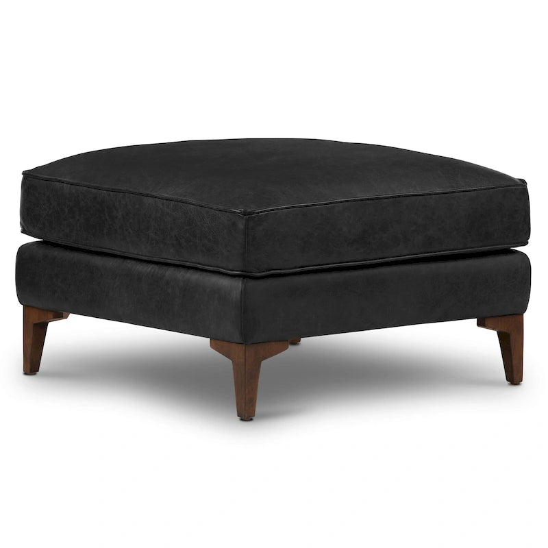 Full-Grain Italian Leather Ottoman with Feather Down Topper & Walnut Legs