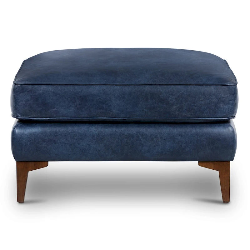 Full-Grain Italian Leather Ottoman with Feather Down Topper & Walnut Legs